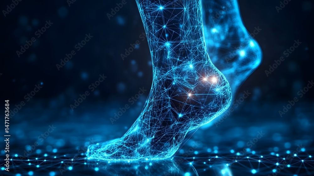 Poster abstract digital feet stride across a futuristic landscape, visualized with glowing blue lines and p