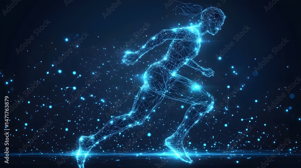 Poster Futuristic digital art depicting a runner constructed from glowing blue lines against a dark, tech-inspired backdrop. The dynamic pose conveys speed and energy. Abstract dark blue wireframe