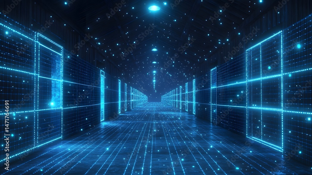 Aufkleber futuristic server room bathed in blue light. data streams flow through glowing racks, creating depth