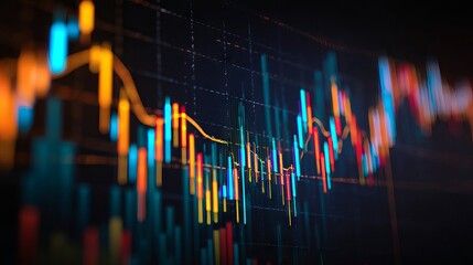 Abstract financial trading graph with candlestick chart, stock market data, and glowing forex indicators on digital blue background