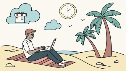 Remote Work and Digital Nomad Lifestyle – Vector Sceneremote work, digital nomad, working outdoors, laptop beach, freelancer life, work from anywhere, mobile work, freedom lifestyle, laptop travel, re