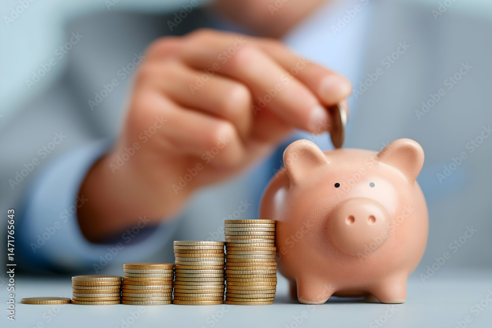 Poster a person adds a coin to a piggy bank, with stacked coins in the foreground, symbolizing saving and f