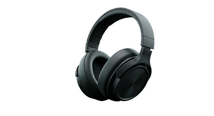 A pair of black over ear headphones are displayed against a solid black background in a studio shot