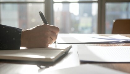 Tense Hands Holding Pen Over Notepad in Sunlit Office