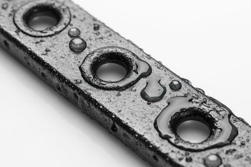 Metal bar with holes and liquid droplets