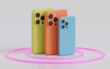 Vibrant smartphone designs in three colors with a glowing pink circle effect on white background