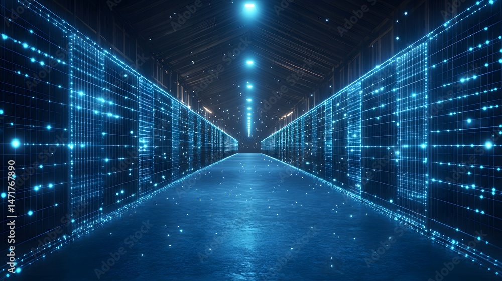 Leinwandbilder futuristic server room filled with glowing blue grids and bright lights. a concept for data storage,