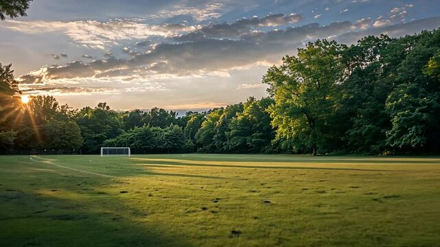 Serene soccer field at sunset with lush grass and goalpost, surrounded by trees, creates peaceful outdoor landscape perfect for evening activities in nature.