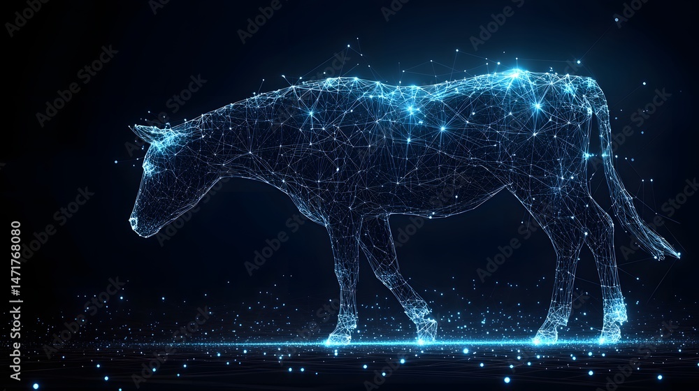 Poster a striking, futuristic depiction of a cow rendered in glowing blue lines against a dark backdrop. th