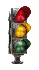 Standard three-light traffic signal showing red, yellow, and green on transparent background

