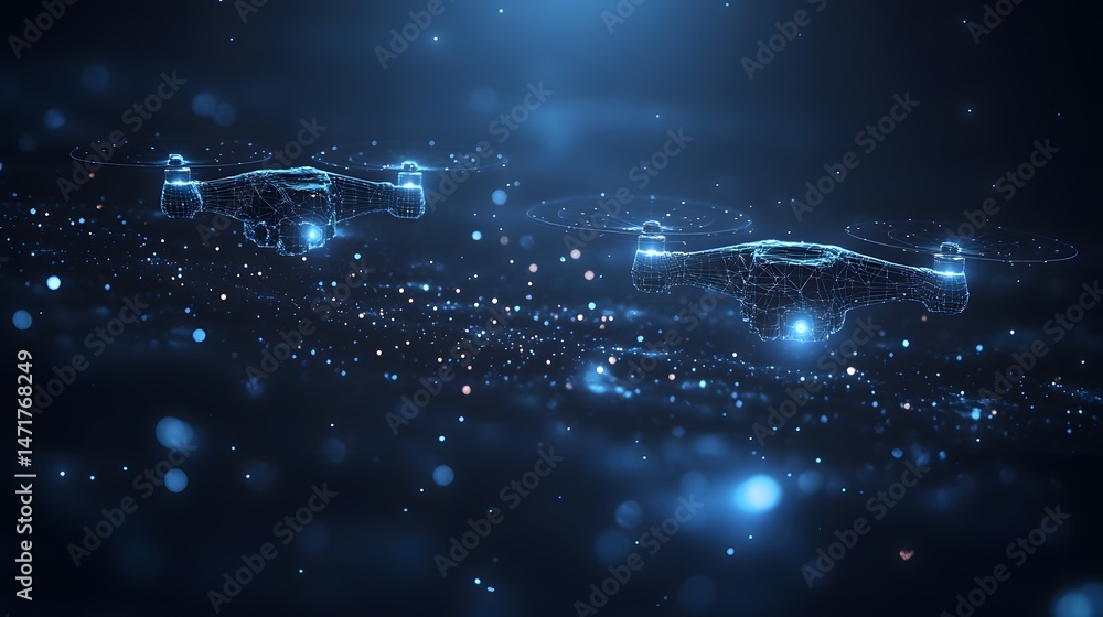 Aufkleber futuristic wireframe drones glow with vibrant blue light against a dark, starry backdrop. abstract c