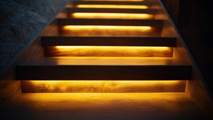 Illuminated wooden stairs in a dark interior