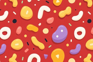 Vivid Classic Pop Art Pattern Featuring Squiggly Shapes and Vibrant Colors on a Red Background