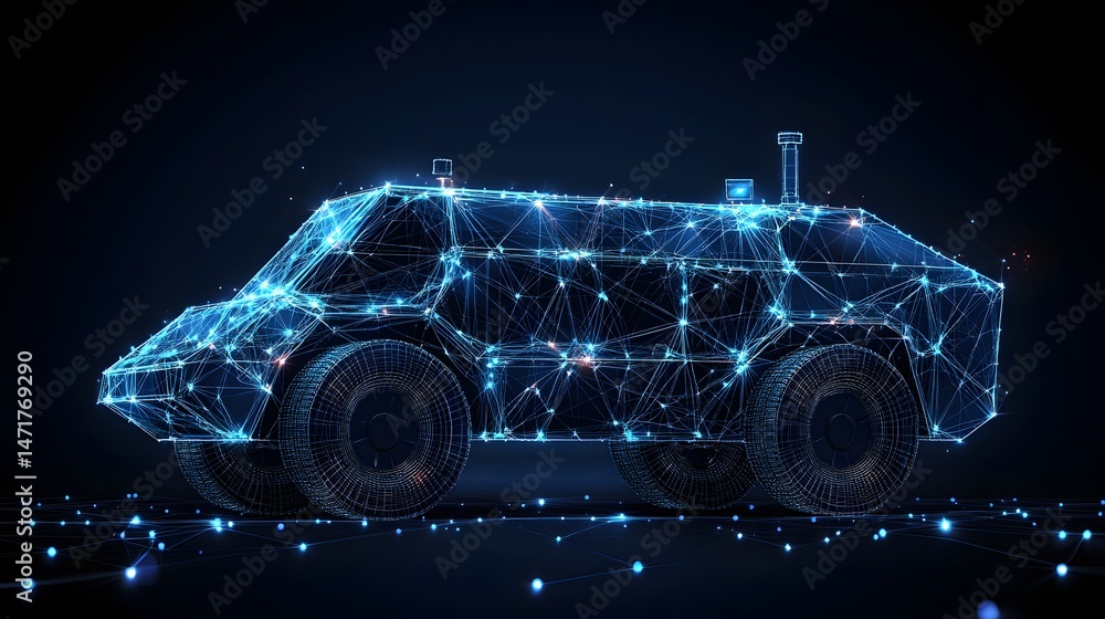 Aufkleber a futuristic vehicle depicted as a luminous blue wireframe on a dark backdrop. the interconnected li
