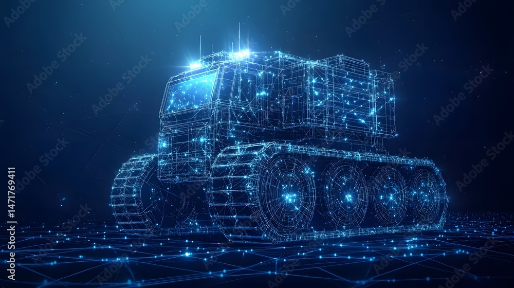 Aufkleber futuristic tracked rover visualized in a glowing blue wireframe. a high-tech concept vehicle navigat