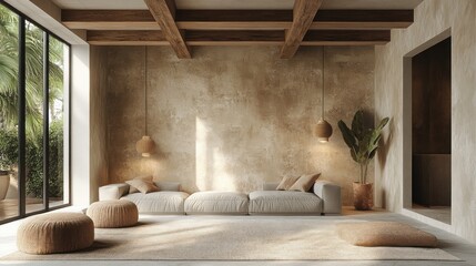 Tranquil living room with natural light and warm tones.  Large windows showcase a lush garden