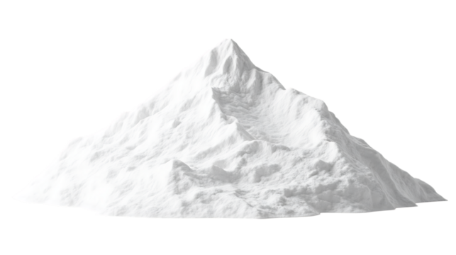 Isolated white mountain range against transparent background, showing rocky texture.