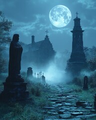 Misty graveyard at night, ancient stone structures