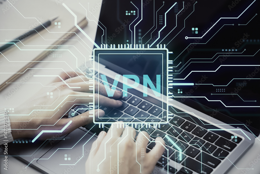 Poster person typing on laptop with vpn digital interface overlay representing cybersecurity and private in