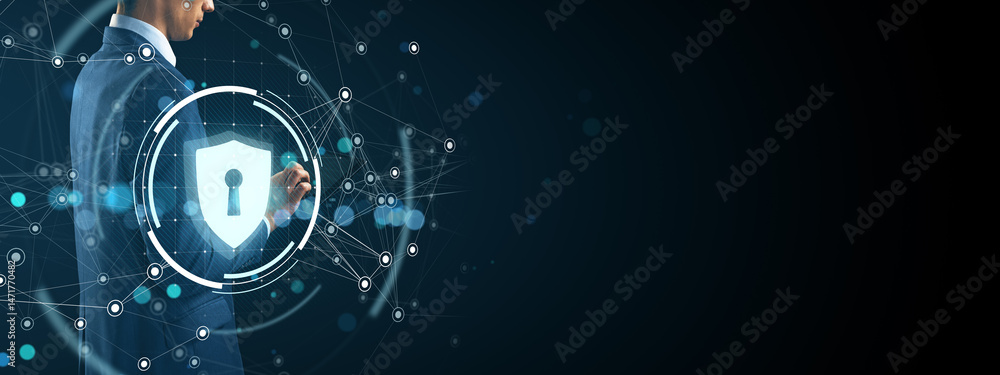 Fototapete Business person interacting with digital cybersecurity interface with lock icon on dark abstract tech background.