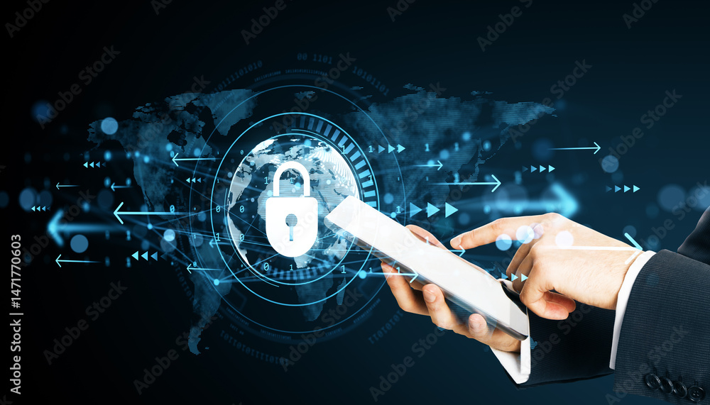 Poster Business person using tablet with digital cybersecurity interface and world map background, illustrating global data protection concept.