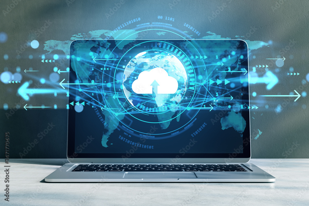 Aufkleber Cloud computing concept with glowing upload icon displayed on laptop screen and digital arrows, symbolizing global data exchange and storage.