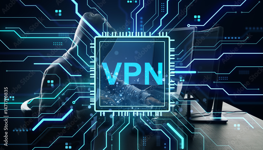 Poster Person in hoodie using laptop behind digital circuit overlay with VPN text on abstract dark blue background representing online privacy concept.