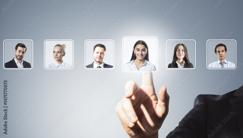 Poster business person selecting professional profile from digital employee interface on light background w