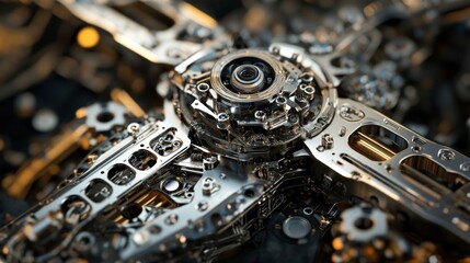 Intricate machinery components form a complex industrial structure with metallic sheen