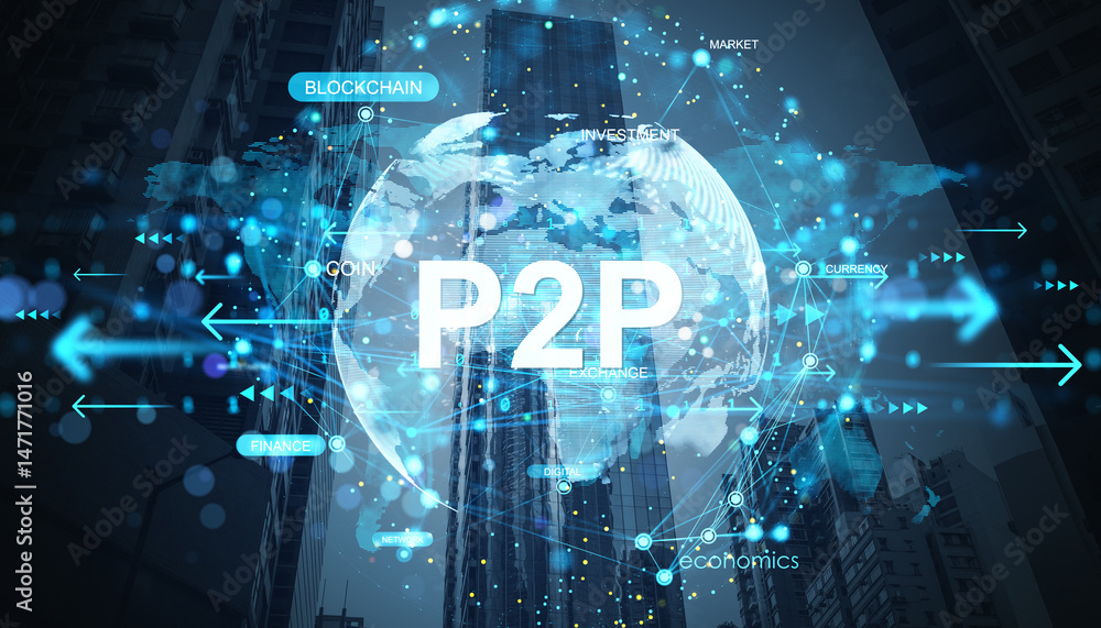 Fototapete P2P digital finance and blockchain network concept with glowing data connections and world map over city buildings background at night.