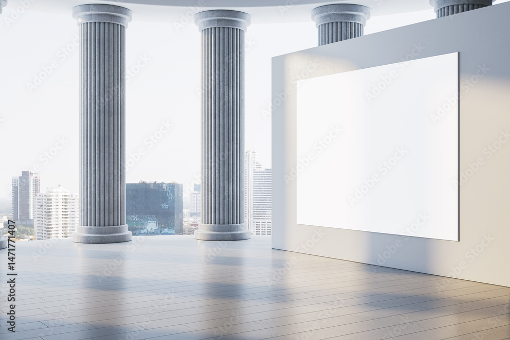 Poster Blank vertical billboard mockup in modern interior with classical columns and panoramic city view in daylight concept scene. 3D Rendering