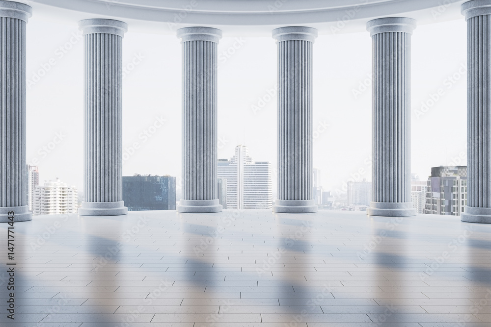 Poster Classical colonnade interior with marble columns and modern cityscape view under soft daylight, empty space design concept with symmetry and light. 3D Rendering
