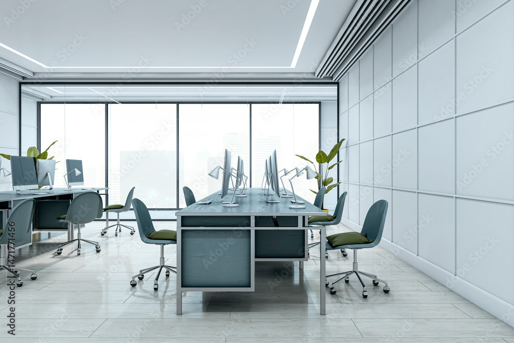 Poster Modern open office interior with minimalist desks, computers, and chairs in bright setting with large windows and clean design. 3D Rendering