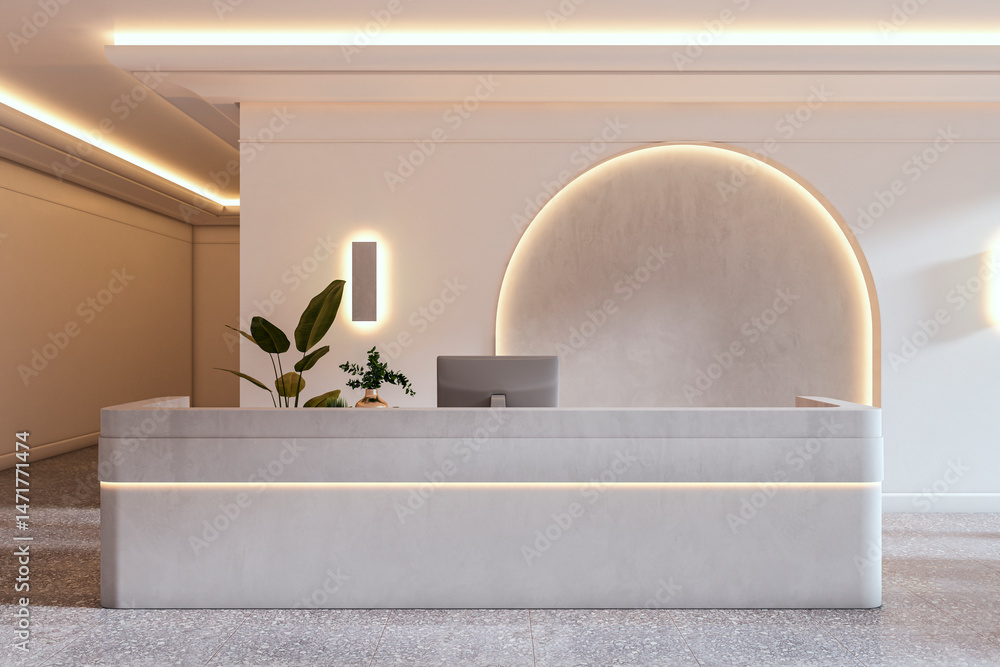 Aufkleber Modern minimalist reception desk mockup in clean interior with soft lighting and neutral tones for branding or design presentation template. 3D Rendering