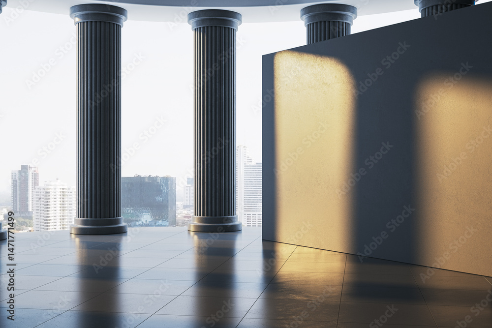 Aufkleber Abstract architectural mockup with classical columns and blank wall with sunlight casting shadows in a modern high-rise city environment. 3D Rendering