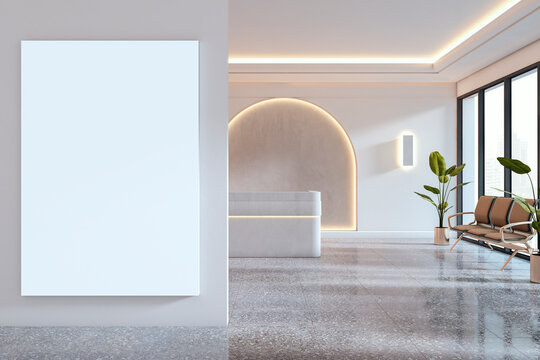 Vertical blank poster mockup on wall in modern office reception interior with clean design, seating area, and decorative lighting accents. 3D Rendering