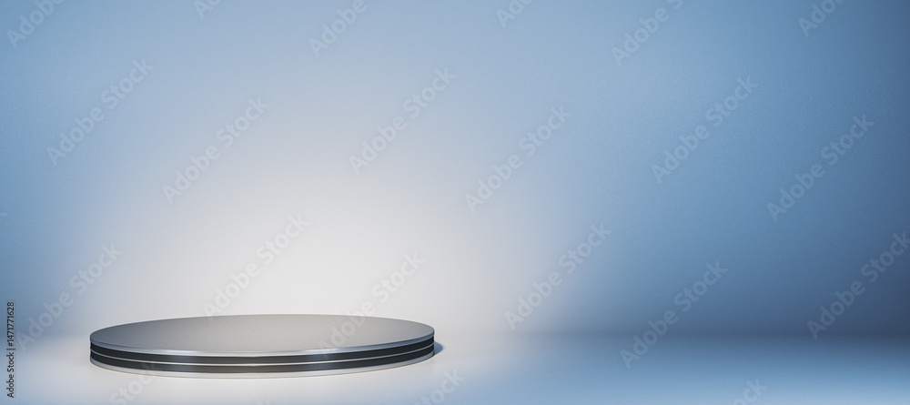Poster Minimalist round product display podium with spotlight on blue gradient background for branding or promotional design mockup template scene. 3D Rendering