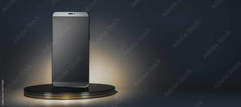 Poster smartphone mockup standing on a round black podium with spotlight effect and dark background for bra