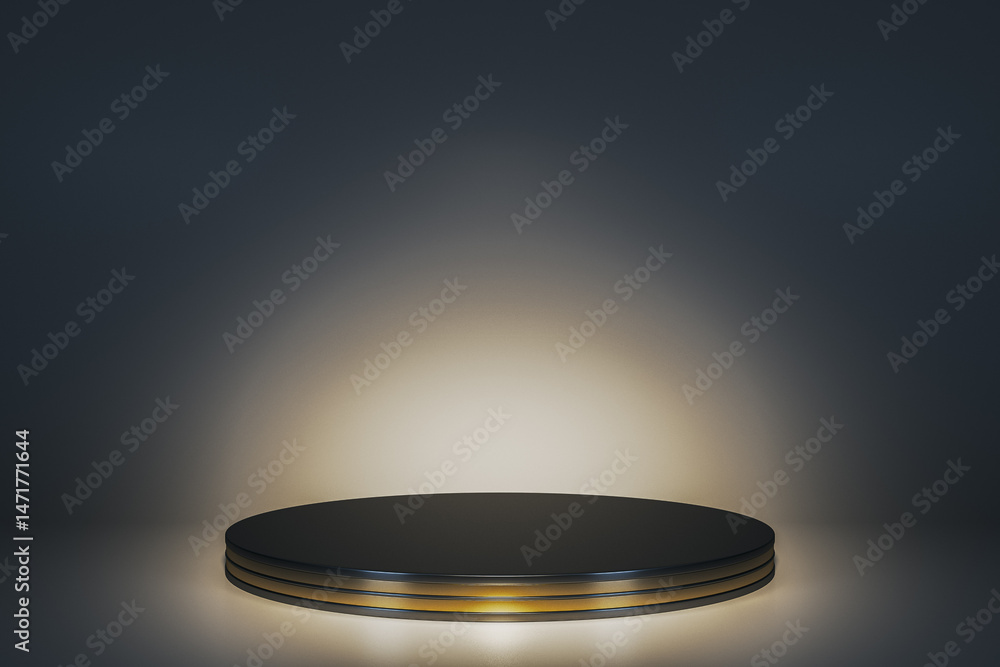 Poster Dark round podium with subtle golden accents illuminated by spotlight on gradient background for elegant product presentation or branding display. 3D Rendering