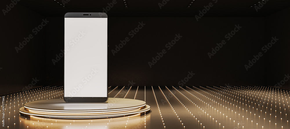 Poster Smartphone mockup with blank screen displayed on futuristic golden round podium in dark room with glowing light dots and elegant background. 3D Rendering