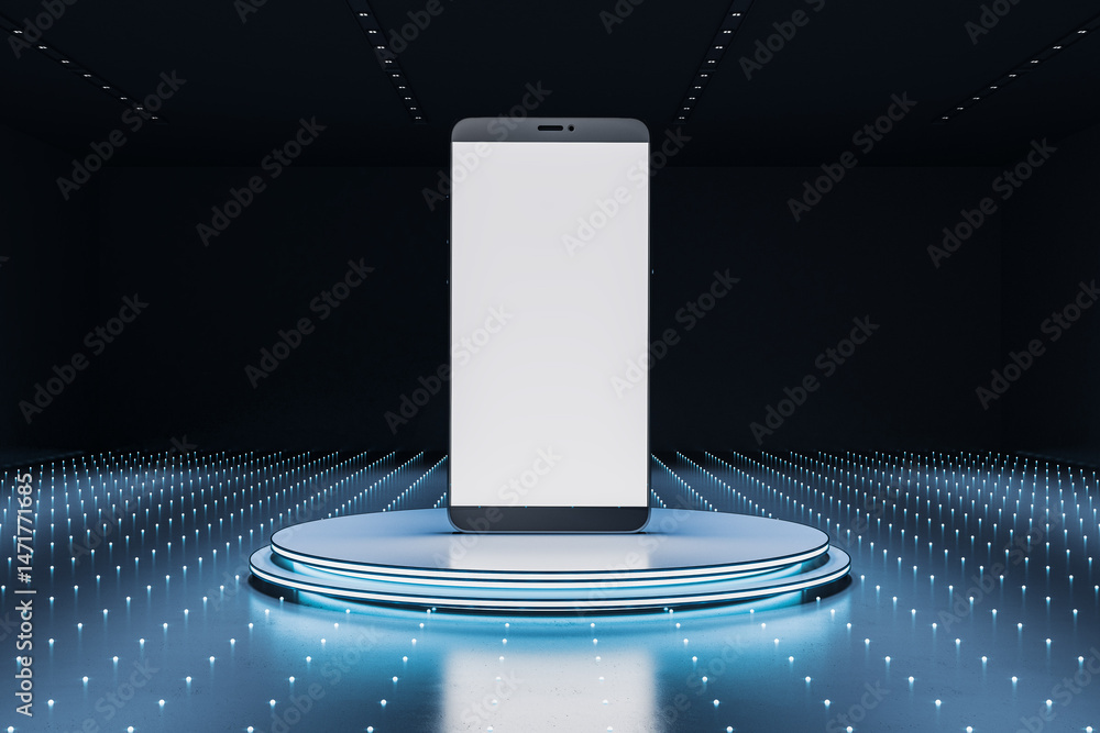 Poster Blank smartphone screen on futuristic podium platform with lights in dark room for product design mockup or branding presentation template. 3D Rendering