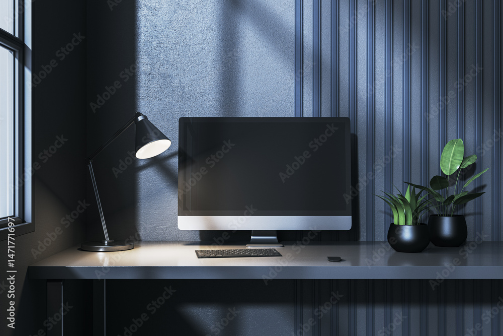 Poster Modern desktop computer setup with lamp and plants on sleek desk against dark textured wall background in moody lighting scene. 3D Rendering