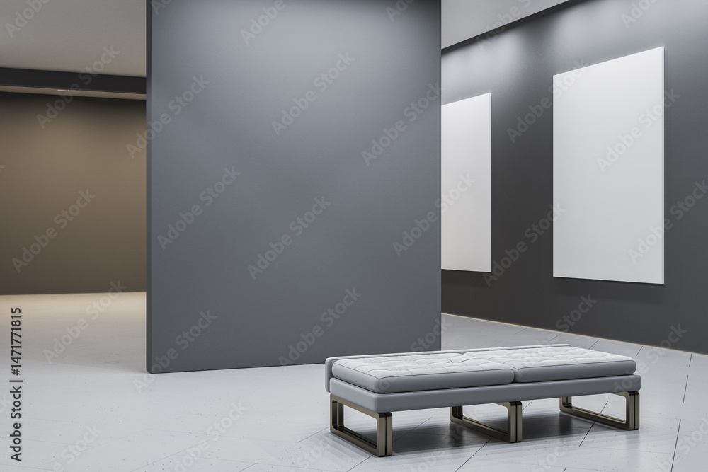 Aufkleber minimalist gallery interior with blank canvases on dark walls and modern bench in foreground for art