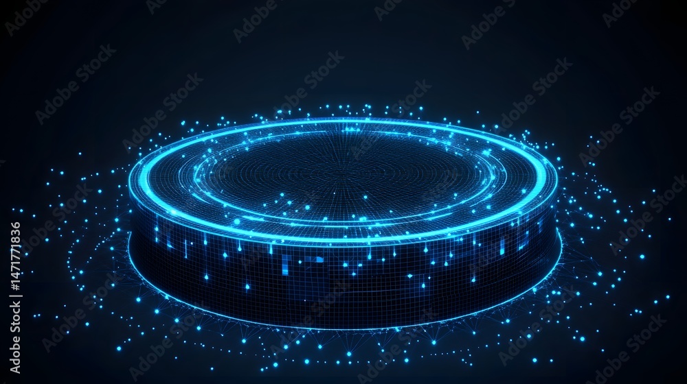 Poster a mesmerizing circular platform radiates futuristic energy, its blue grid and glowing particles crea