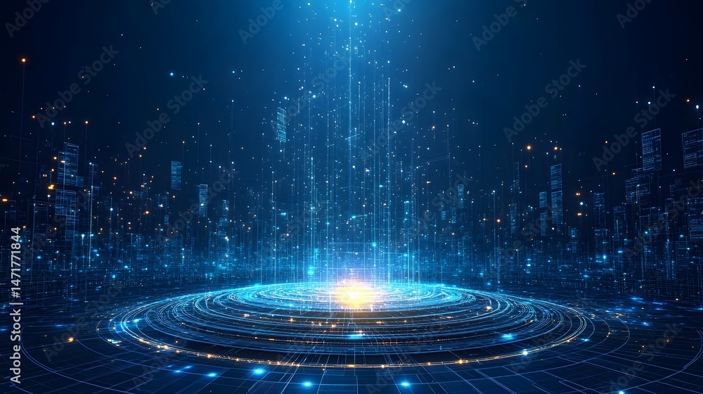 Aufkleber futuristic cityscape with glowing blue and orange structures. interconnected data streams rise from 