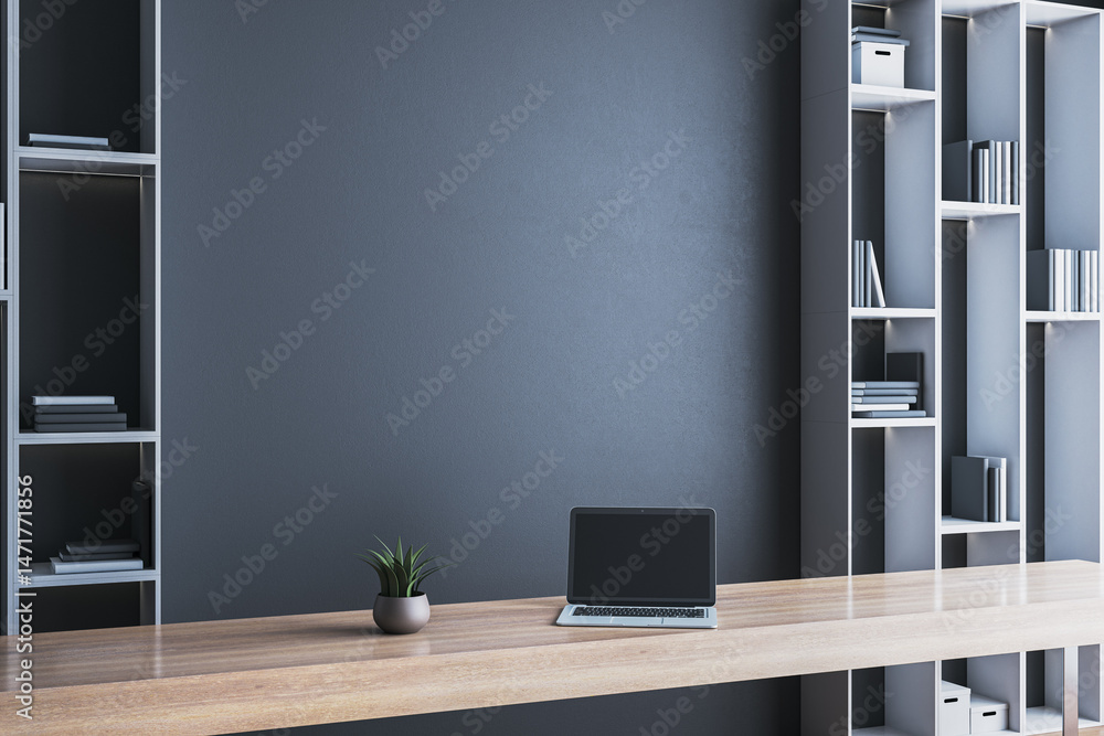 Aufkleber modern minimalist workspace with laptop on wooden desk and built-in shelves in stylish office interi
