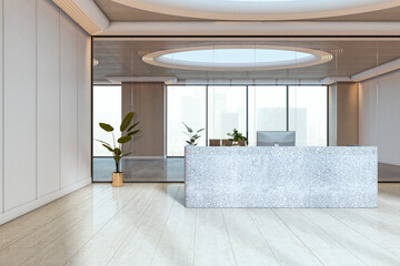 Modern reception interior with terrazzo desk and large windows in bright office setting, nobody present, cityscape in background. 3D Rendering