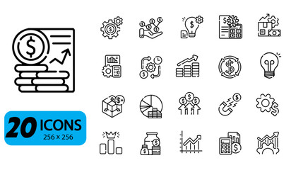 Set of 20 Business Growth and Financial Strategy Icons, Outline Style, 256x256 Pixels