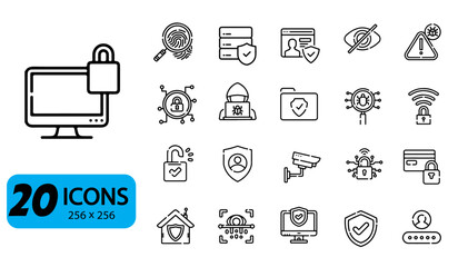 Set of 20 Cyber Security and Data Protection Icons, Outline Style, 256x256 Pixels