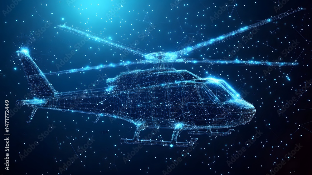 Poster Futuristic glowing blue helicopter wireframe against a star-filled dark sky. High-tech design with network connections, creating a modern digital aesthetic. Abstract dark blue wireframe